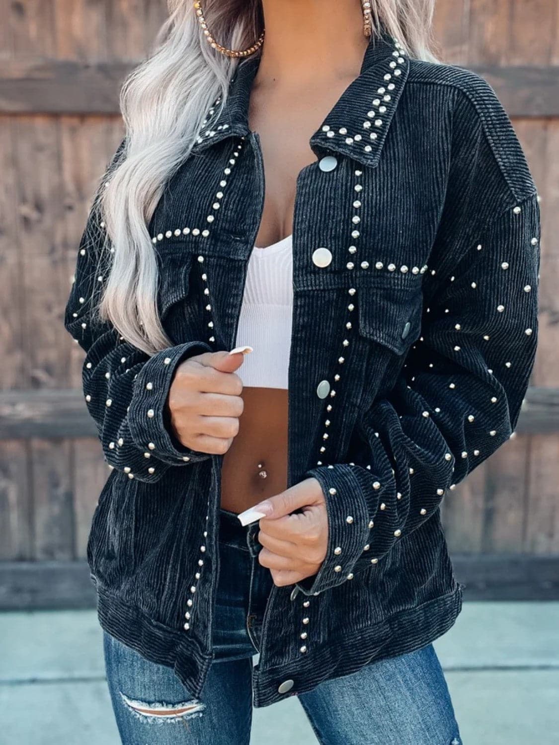 Studded Collared Neck Button Down Jacket.