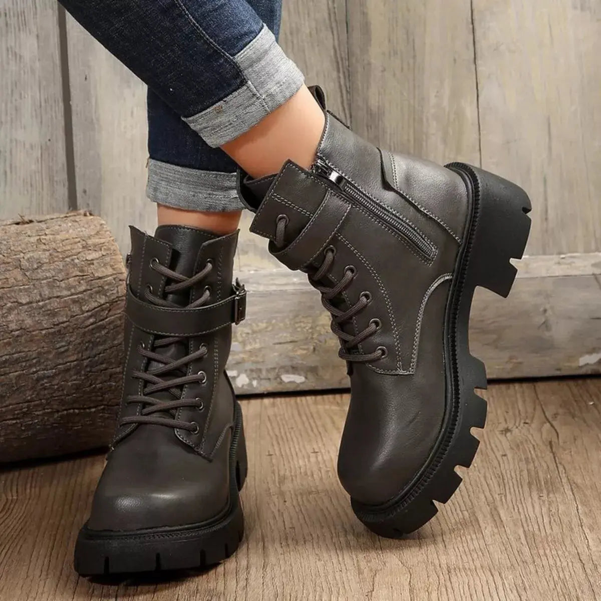 Lace-Up Buckle Accent Block Heel Boots Simply Love