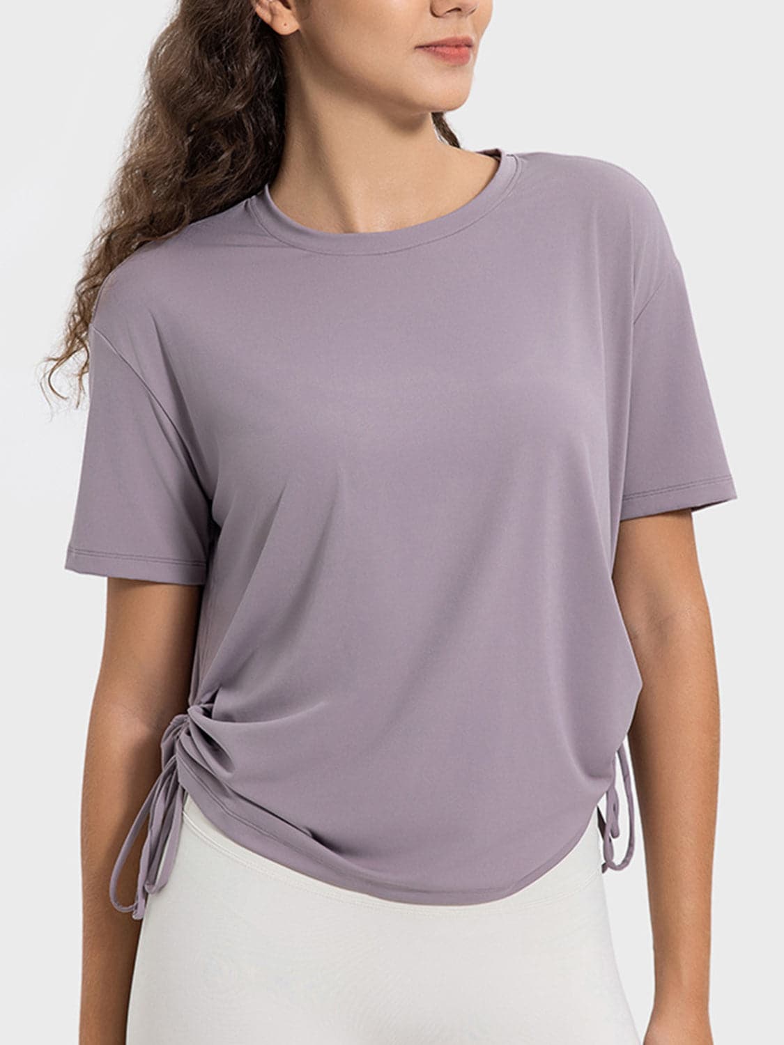 Drawstring Round Neck Short Sleeve Active T-Shirt.