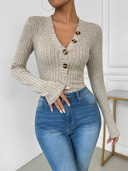 Chic V-neck long sleeve bodysuit with decorative buttons