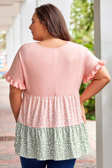 Chic pink ruffled leopard splicing flowy plus size top