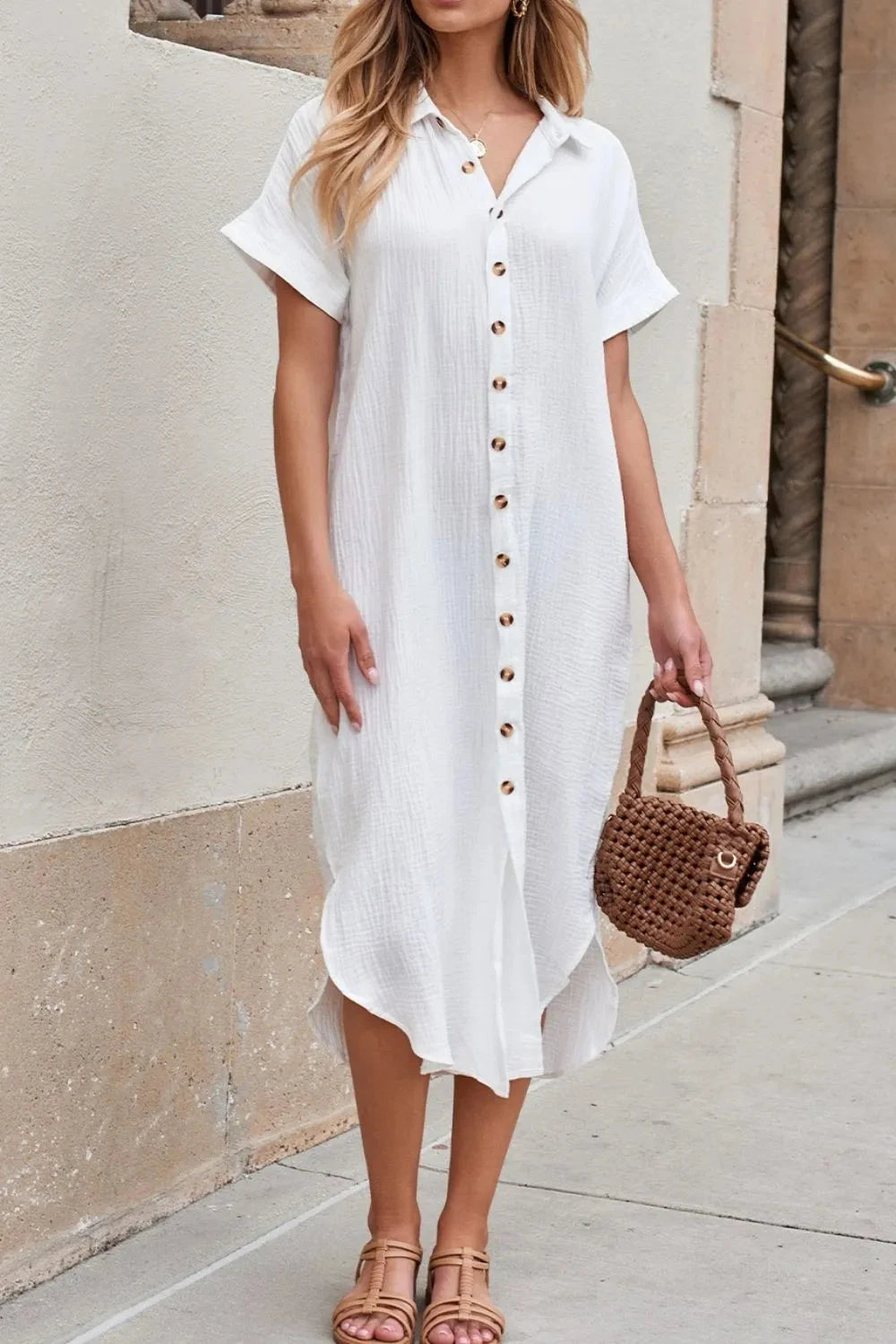 Button Down Short Sleeve Midi Shirt Dress Simply Love