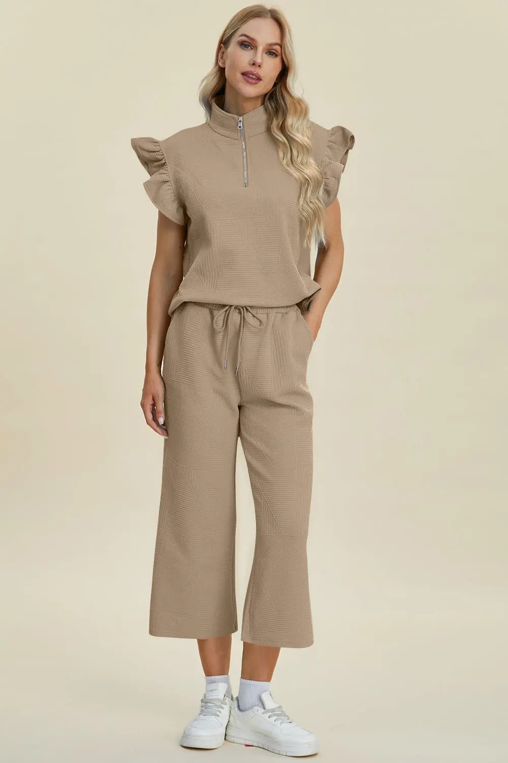 Double Take Full Size Texture Ruffle Short Sleeve Top and Wide Leg Pants Set - Love Salve