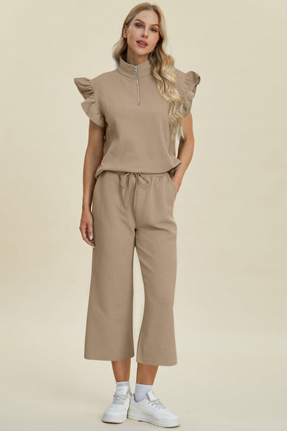 Double Take Full Size Texture Ruffle Short Sleeve Top and Wide Leg Pants Set.