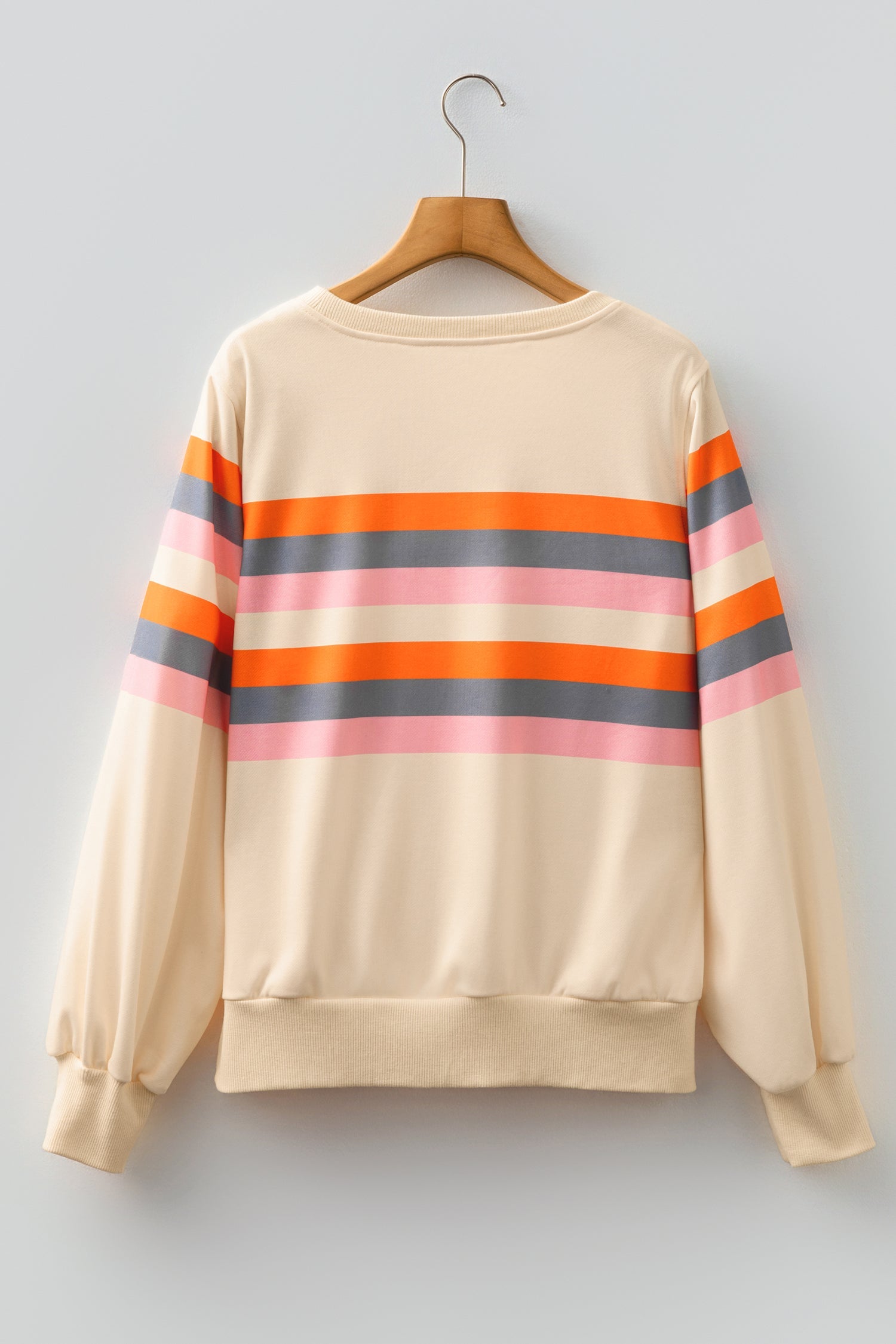 Beige Stripe Puff Sleeve Casual Pullover Sweatshirt For Women Cozy Knit Jumper Everyday Comfort Dear-Lover Dropshipping