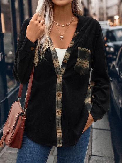 Hooded plaid shacket with pockets