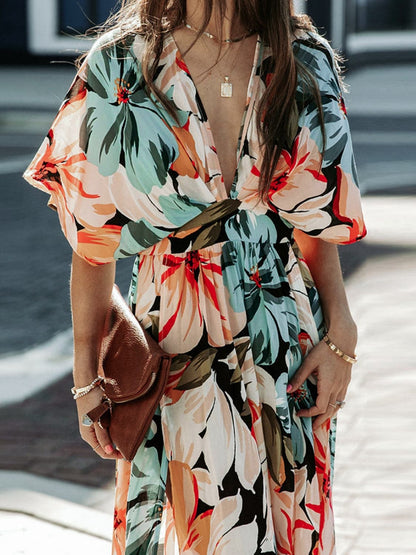 Floral Plunge Half Sleeve Dress.