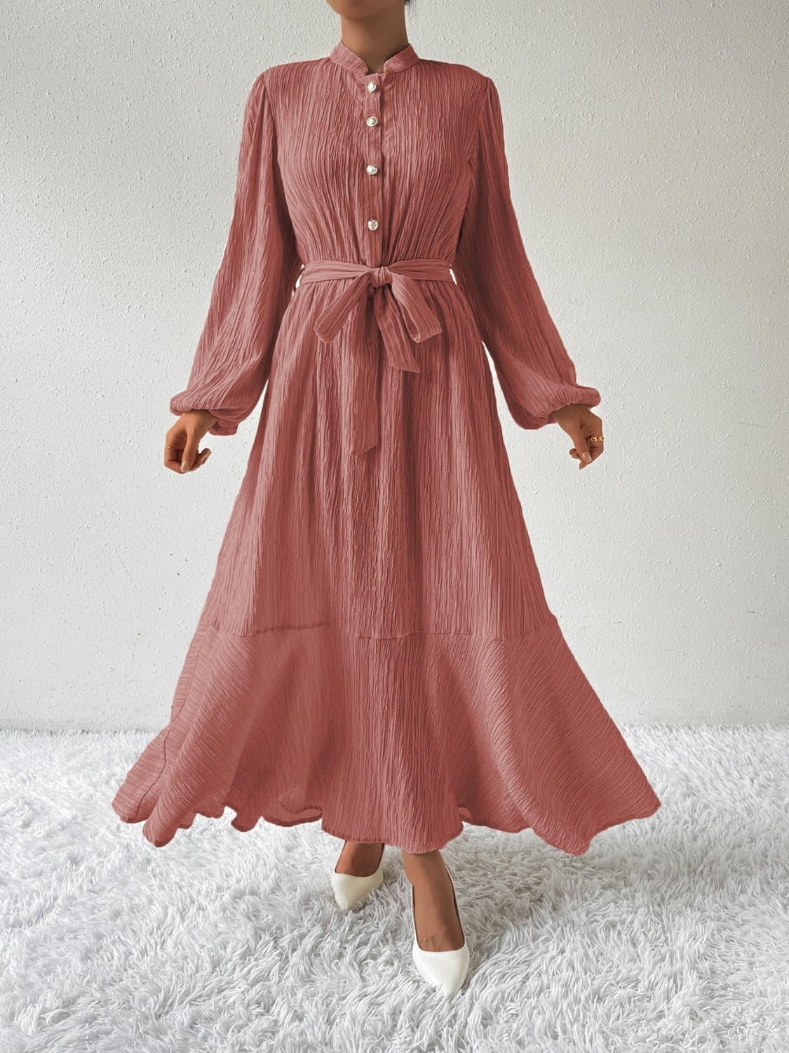 Tie Waist Long Sleeve Dress.