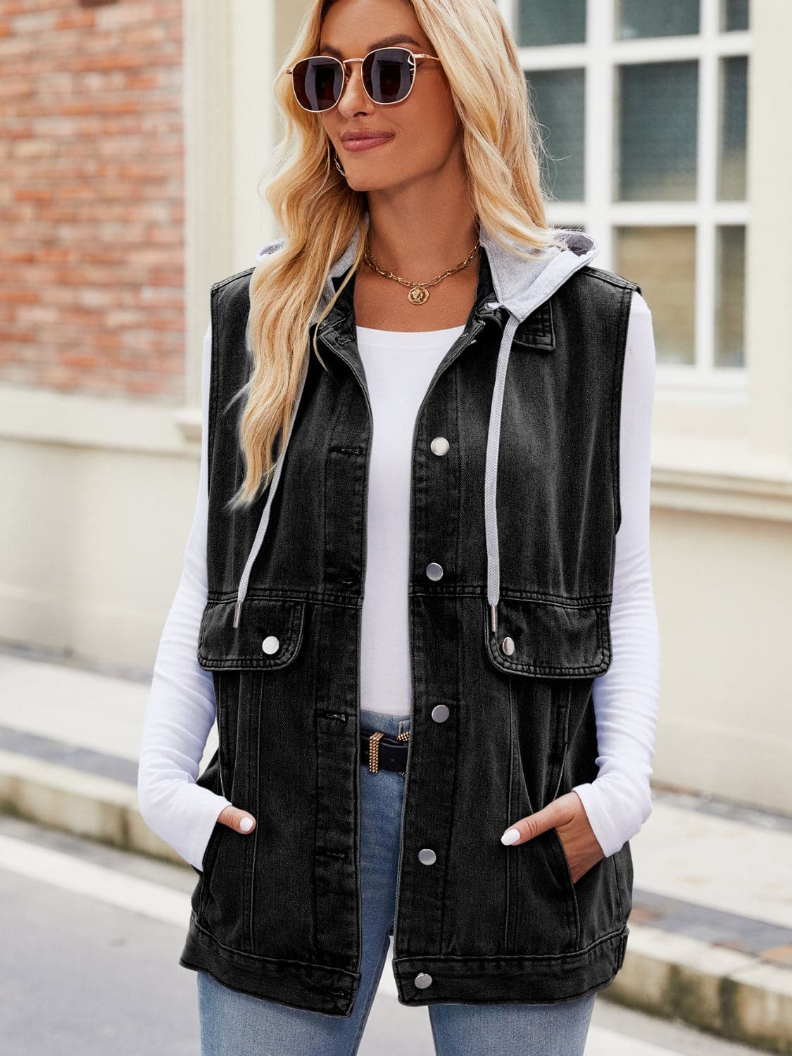 Drawstring Hooded Sleeveless Denim Jacket.