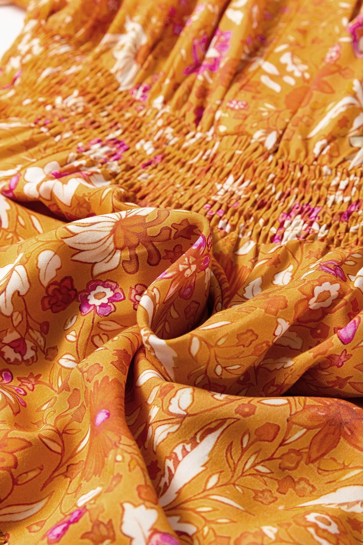 Orange Floral Print Smocked Waist Long Sleeve Boho Maxi Dress Dear-Lover Dropshipping