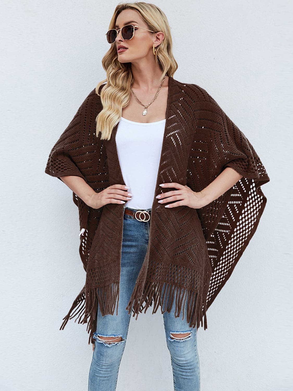 Fringe Hem Open Front Poncho.