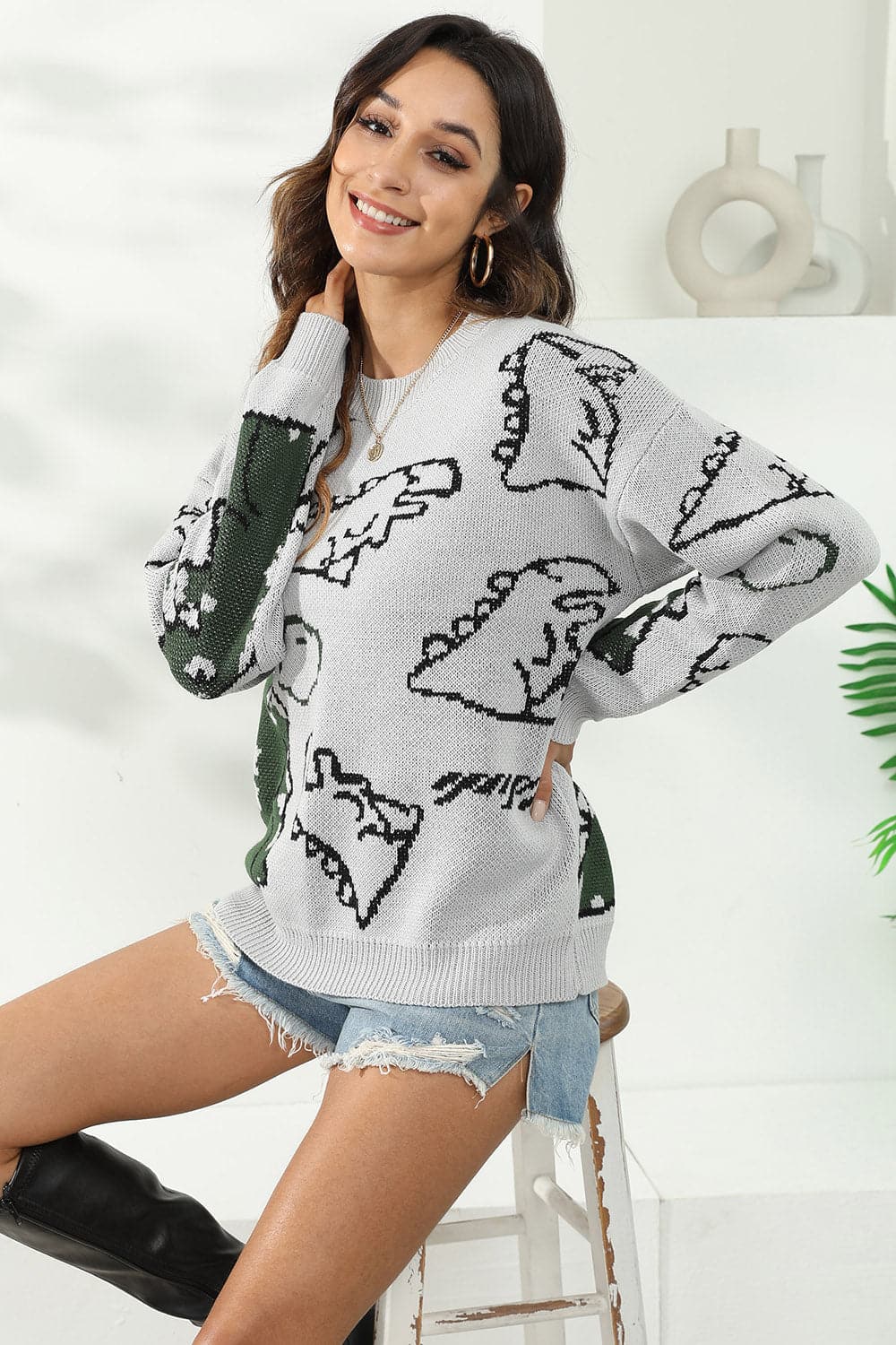 Dinosaur Print Pullover Sweater.