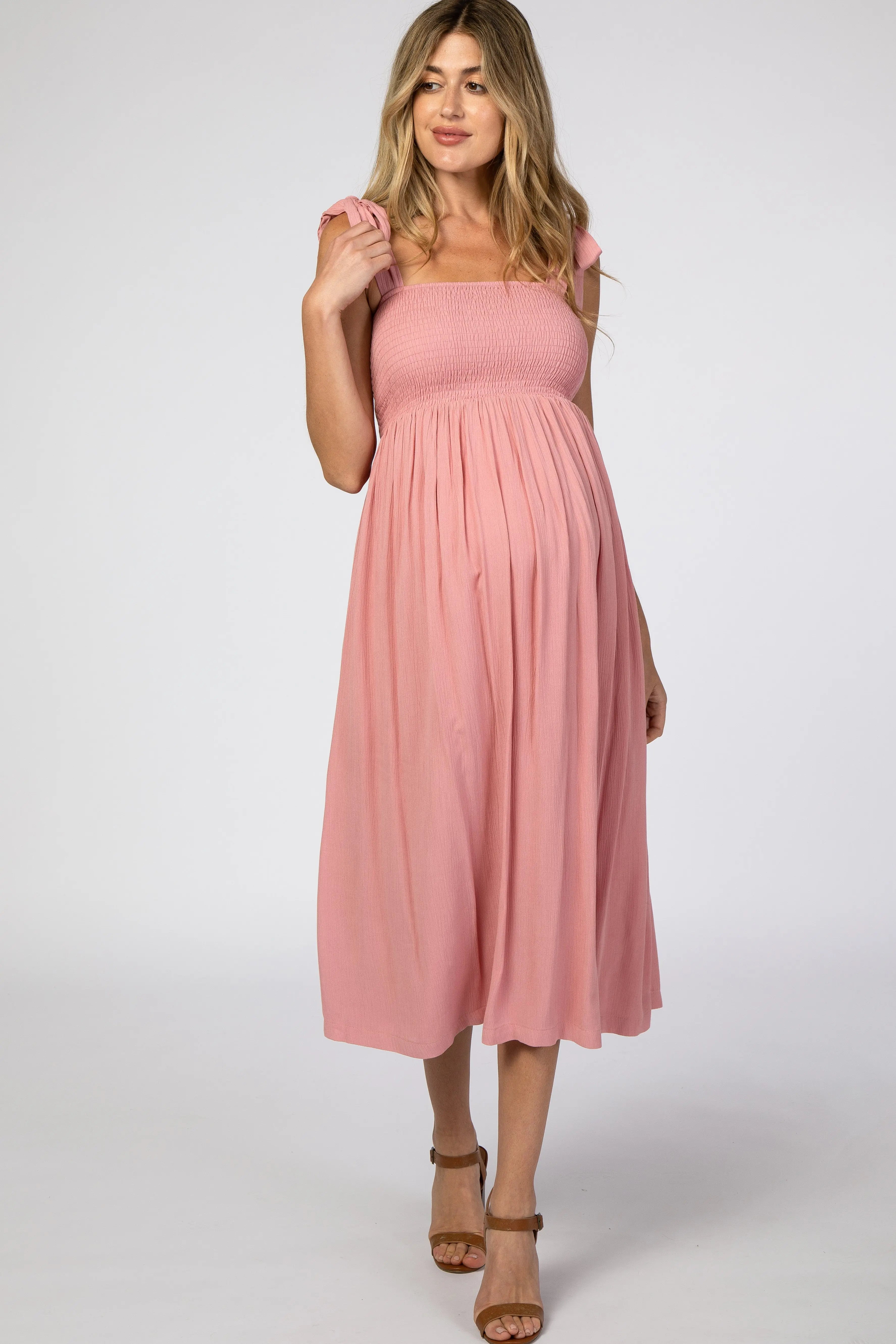 Pink Smocked Tie Strap Maternity Midi Dress PinkBlush