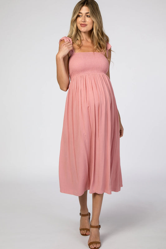 Pink Smocked Tie Strap Maternity Midi Dress PinkBlush