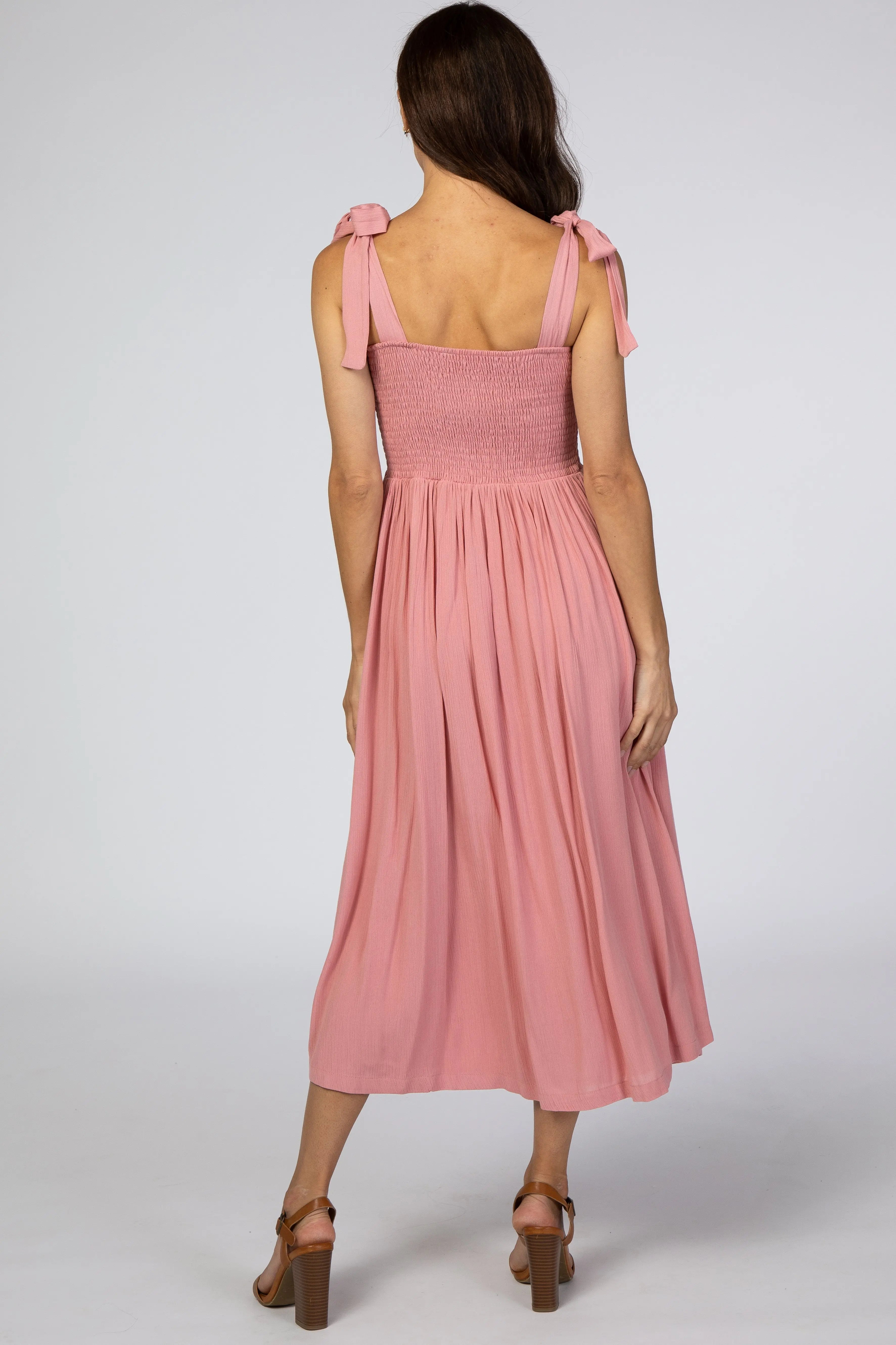 Pink Smocked Tie Strap Midi Dress PinkBlush