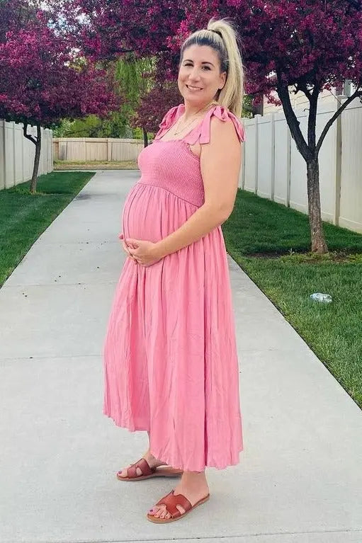 Pink Smocked Tie Strap Maternity Midi Dress PinkBlush
