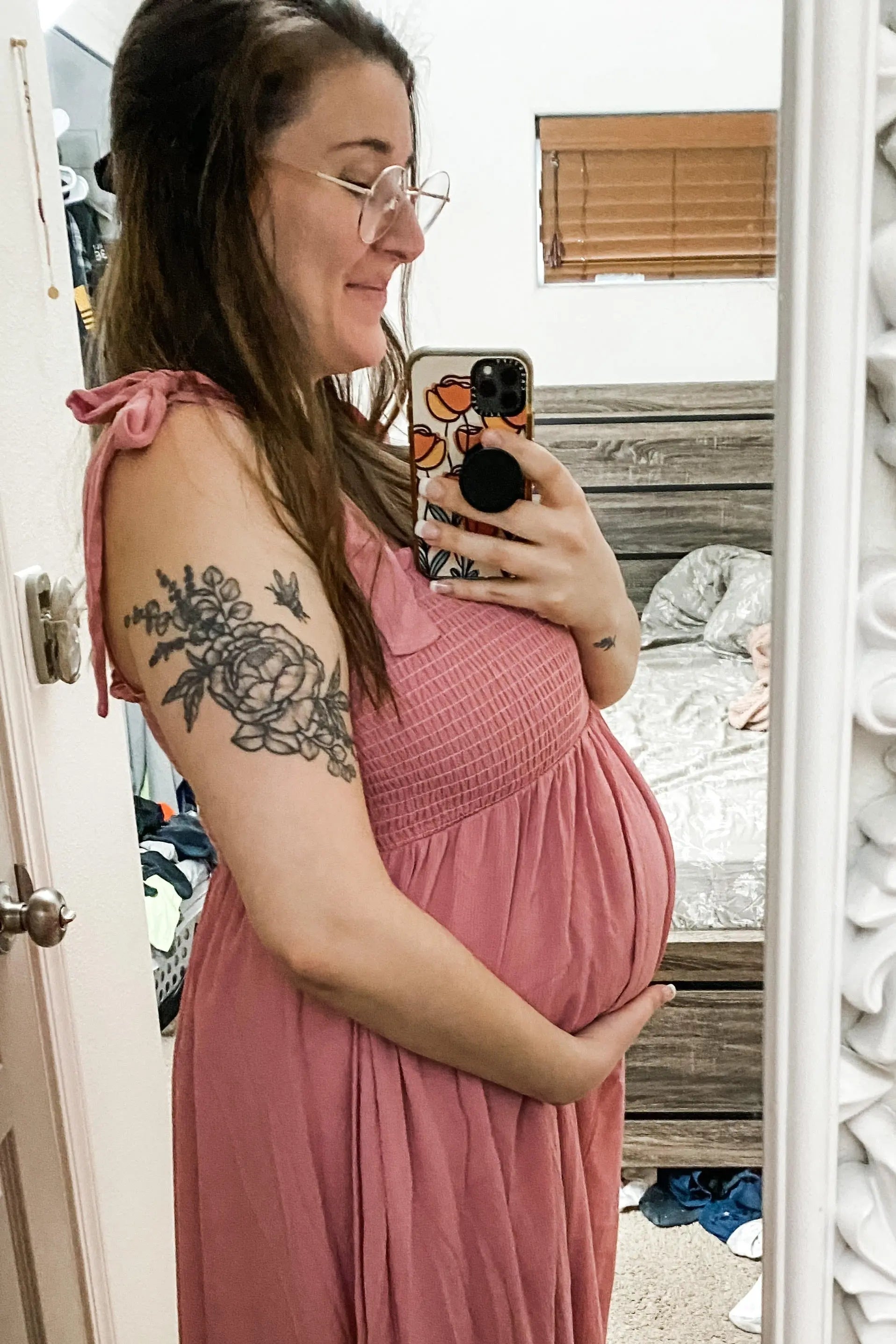 Pink Smocked Tie Strap Maternity Midi Dress PinkBlush