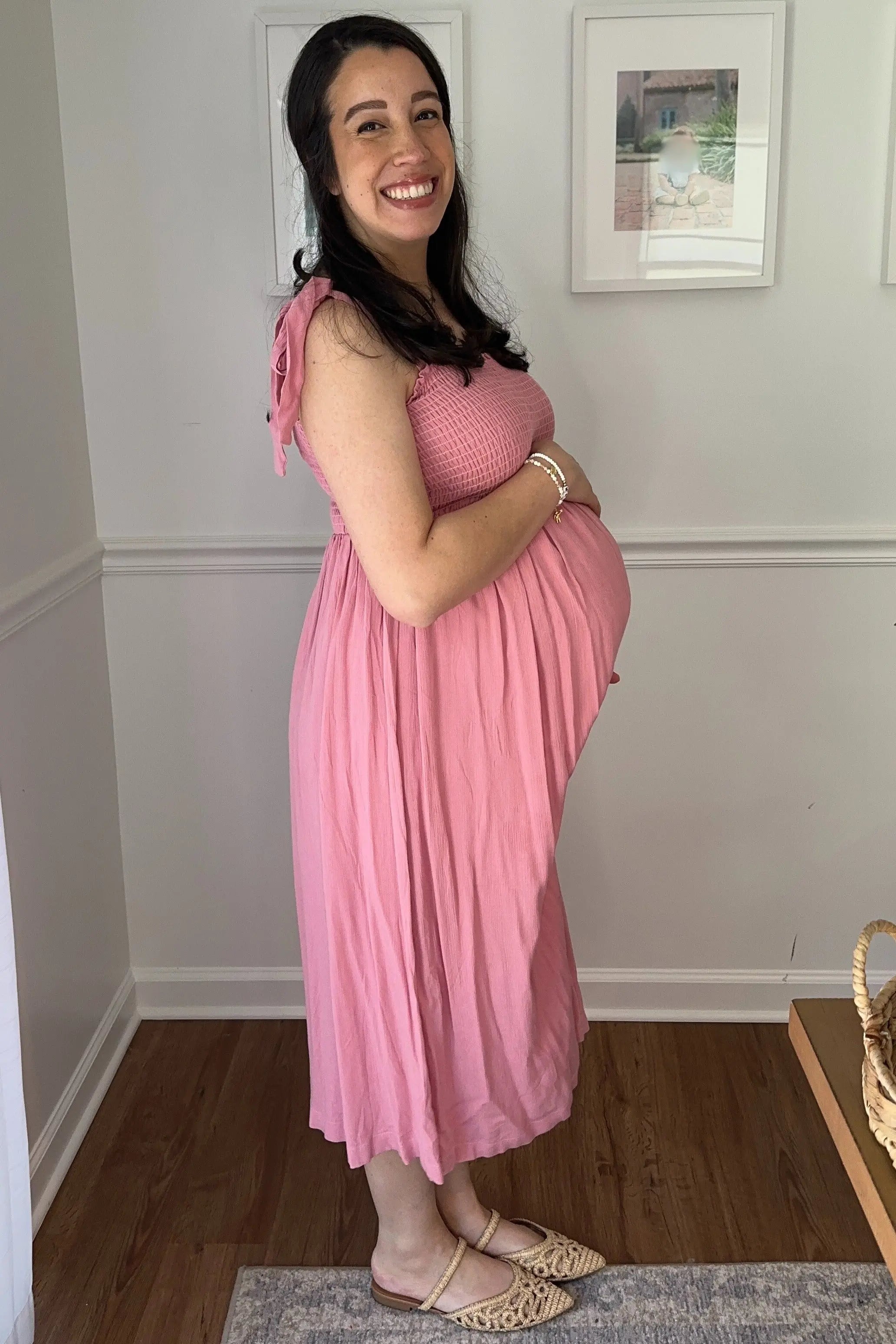 Pink Smocked Tie Strap Maternity Midi Dress PinkBlush