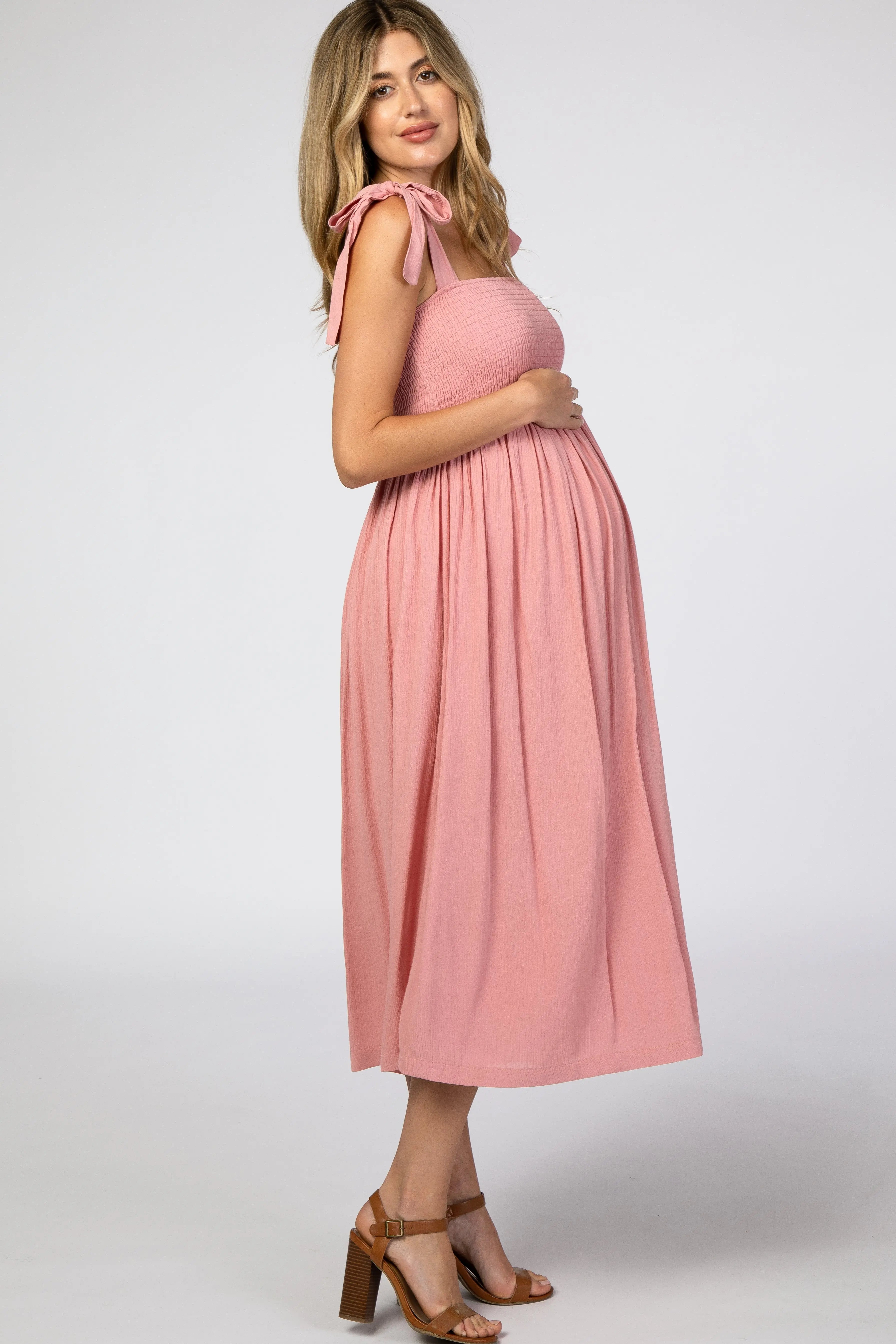 Pink Smocked Tie Strap Maternity Midi Dress PinkBlush