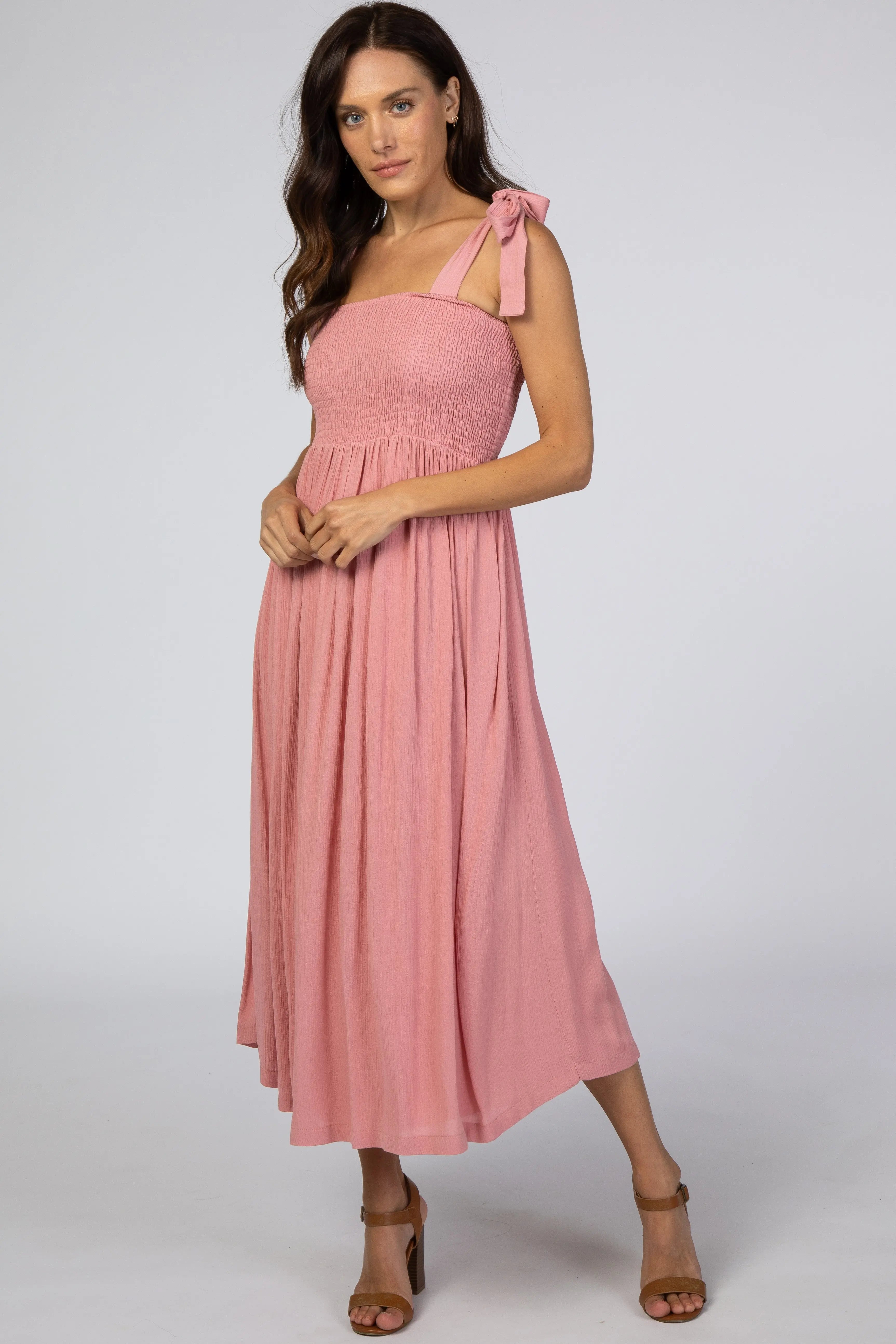Pink Smocked Tie Strap Maternity Midi Dress PinkBlush