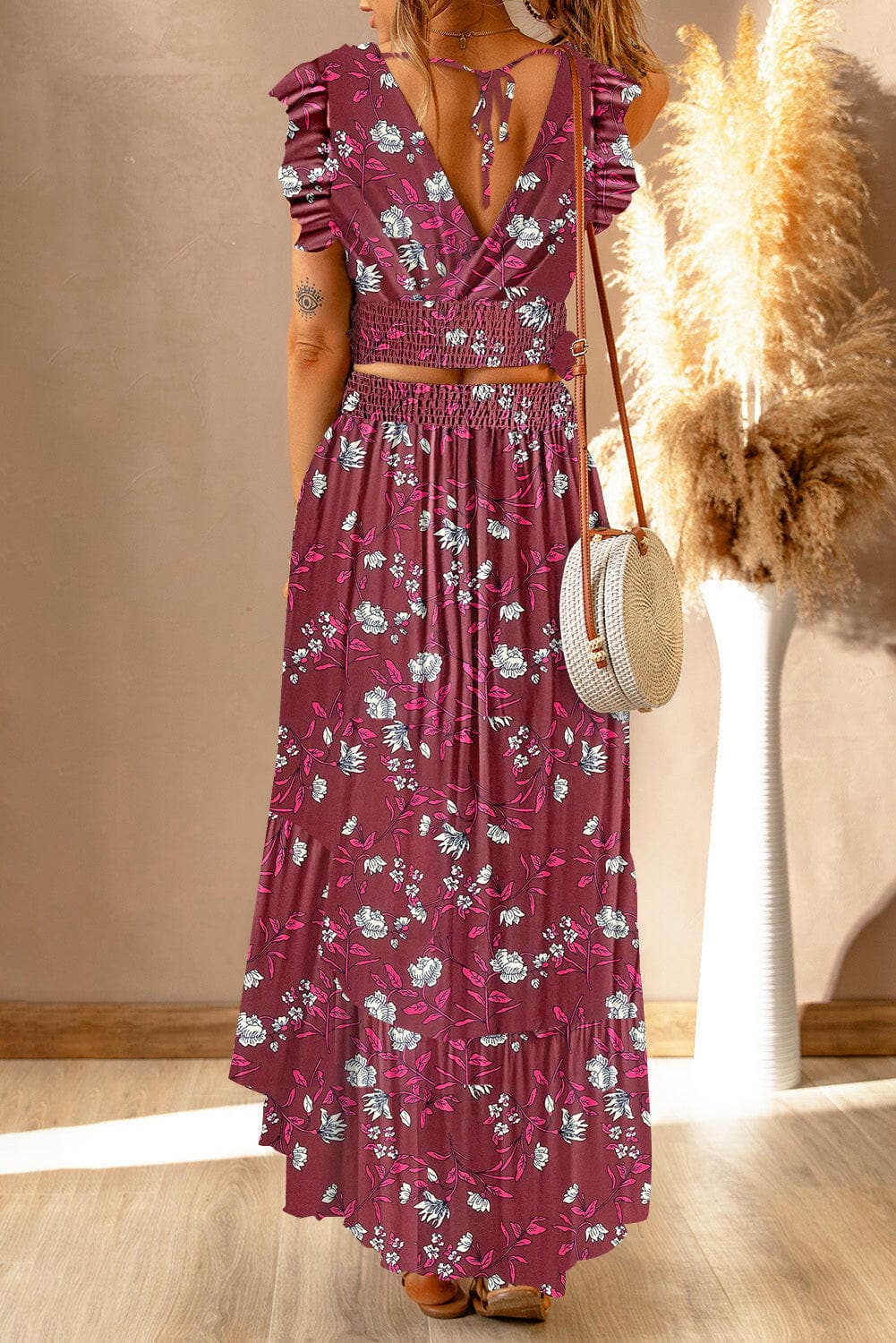 Printed Tie Back Cropped Top and Maxi Skirt Set.