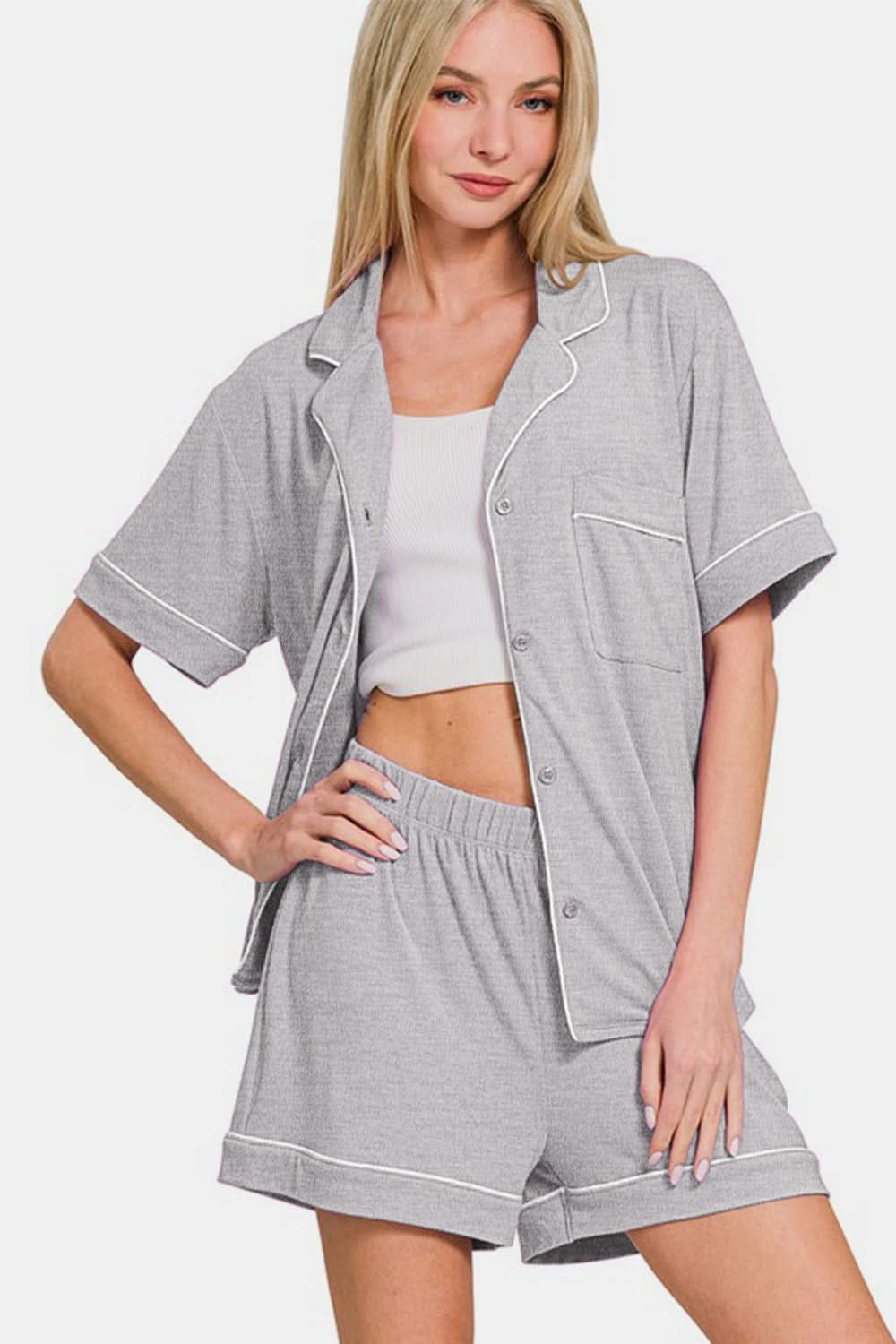 Relaxed Fit Button-Up Short Sleeve Lounge Set with Matching Shorts