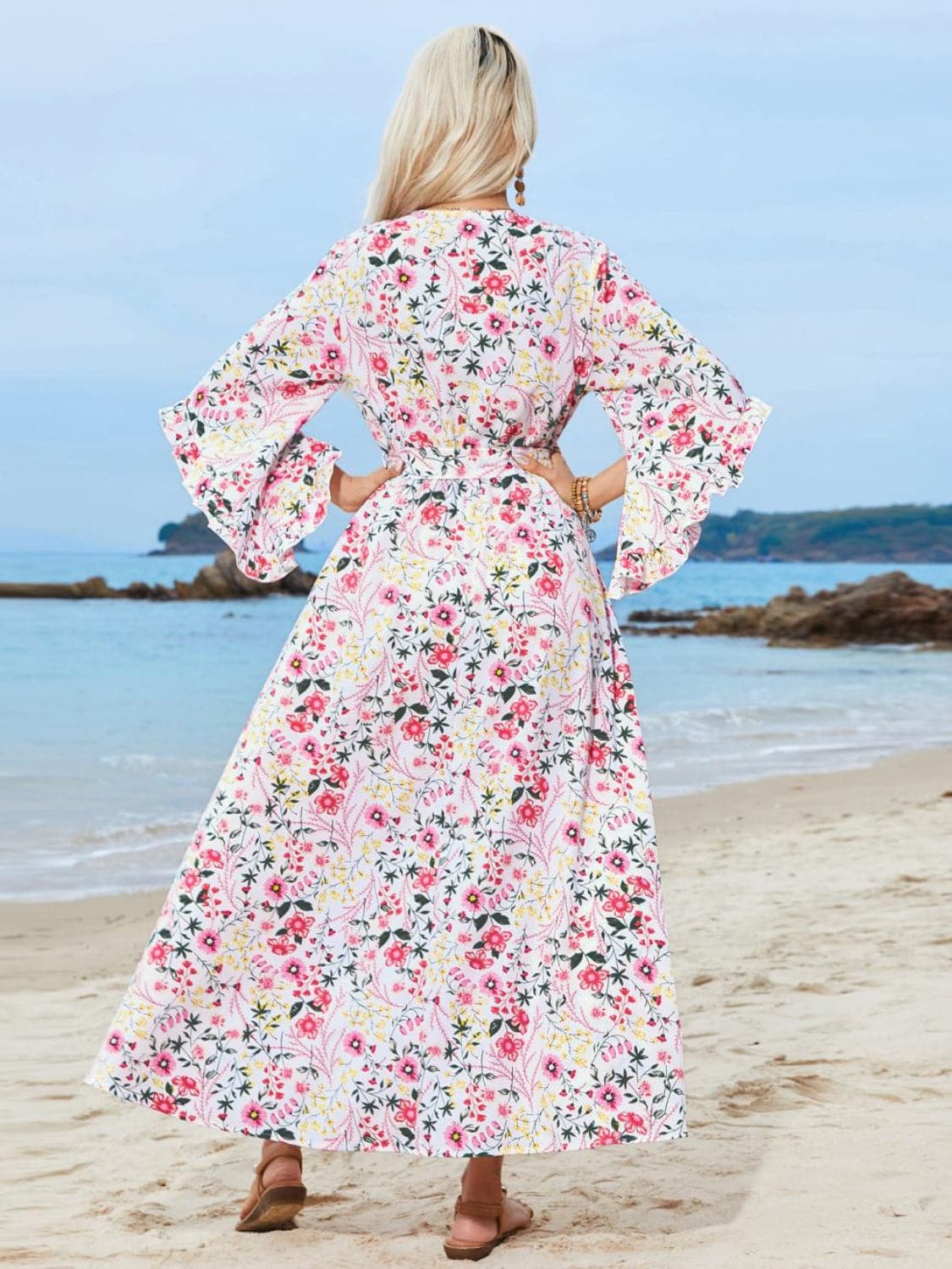 Tied Printed Three-Quarter Sleeve Midi Dress.