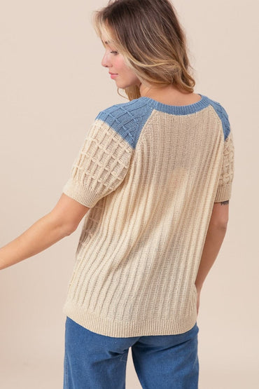 BiBi Textured Contrast Short Sleeve Sweater.