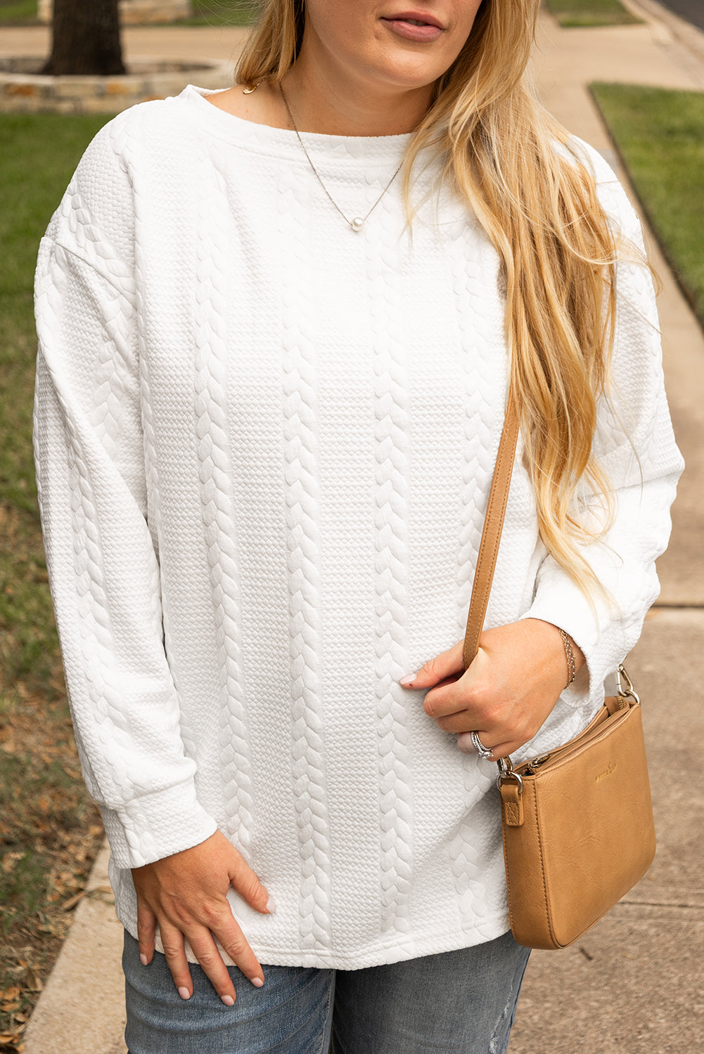 Chic white cable knit plus size sweatshirt for effortless style