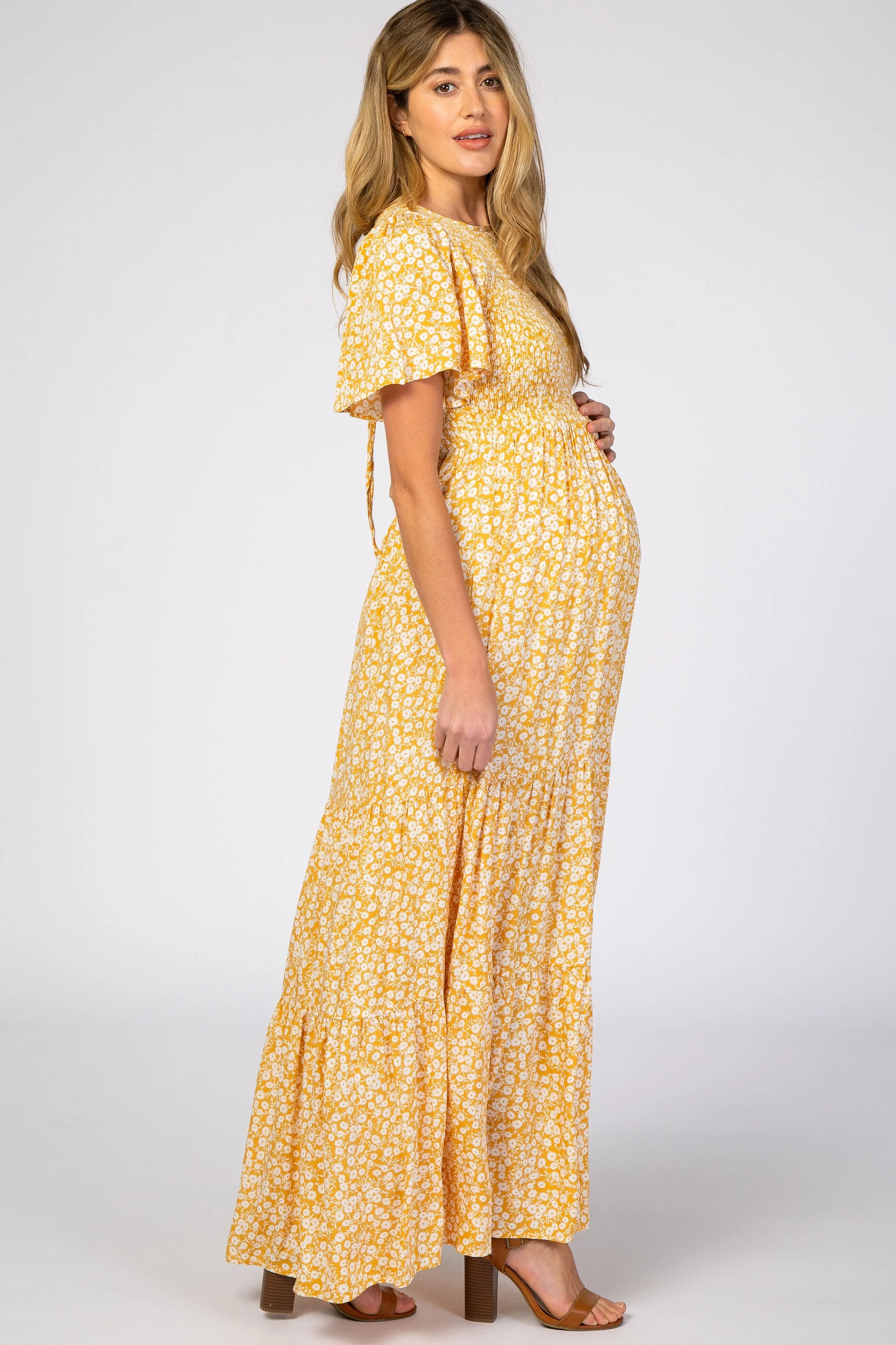 Yellow Floral Smocked Front Pleated Hem Maternity Maxi Dress PinkBlush