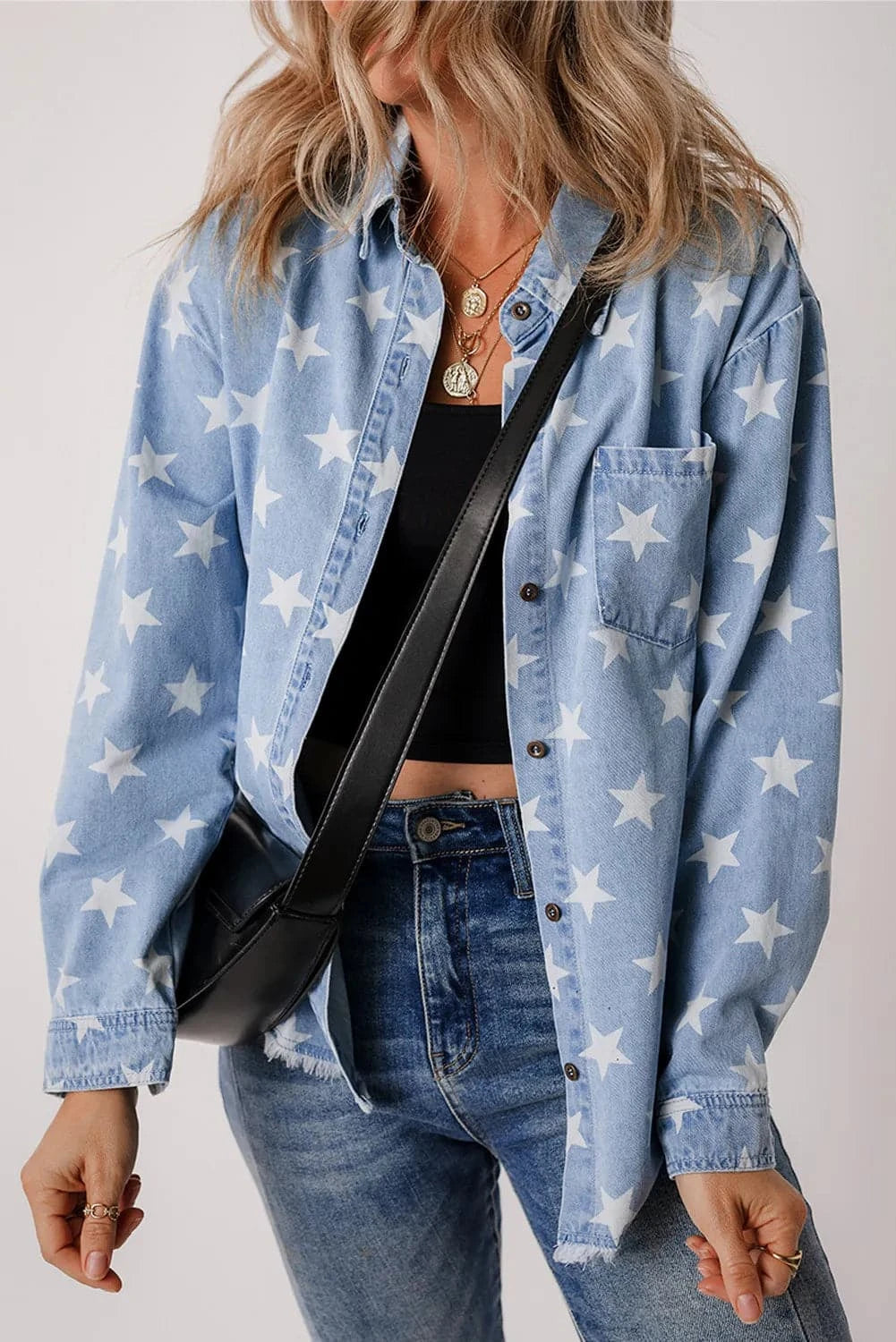 Star Button Up Long Sleeve Denim Jacket.