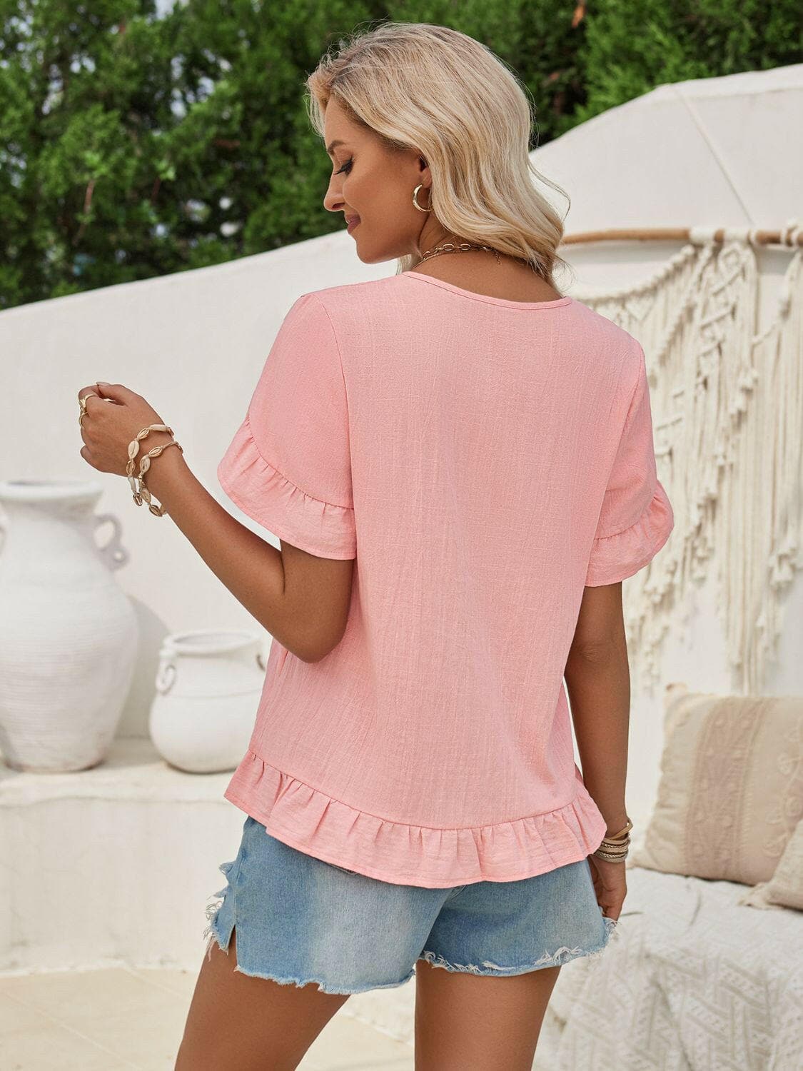 Ruffled Notched Petal Sleeve Blouse.