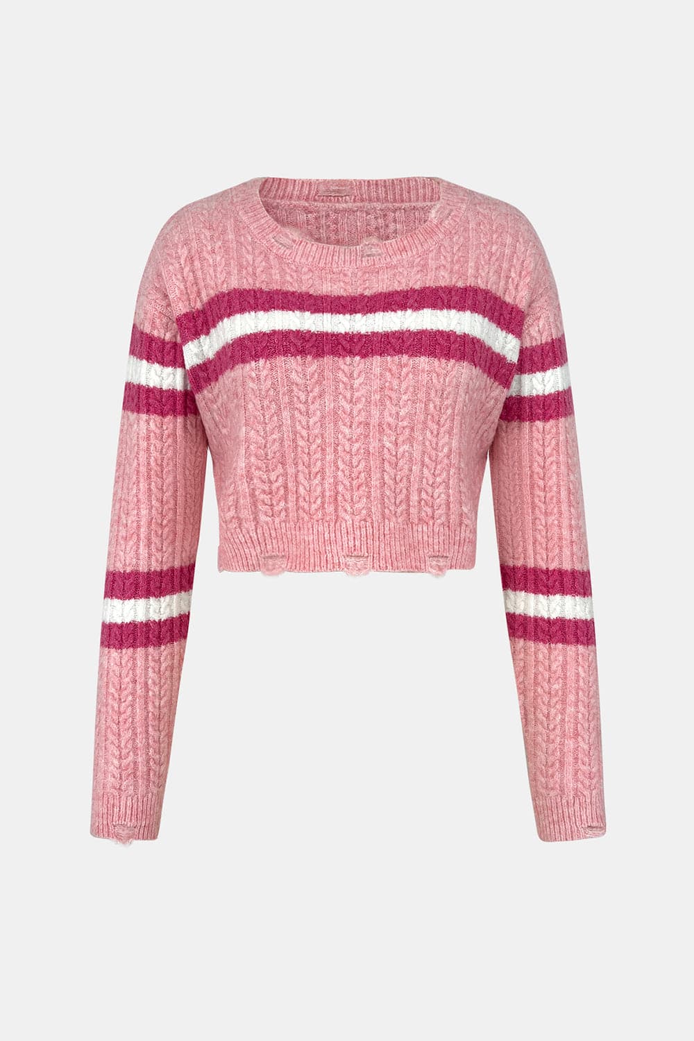 Cable-Knit Striped Dropped Shoulder Sweater.