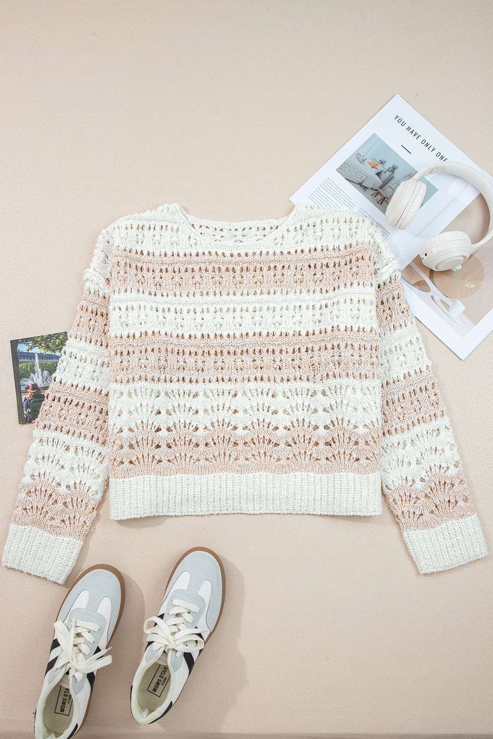Pink Hollow-Out Colorblock Drop Shoulder Casual Sweater Dear-Lover Dropshipping