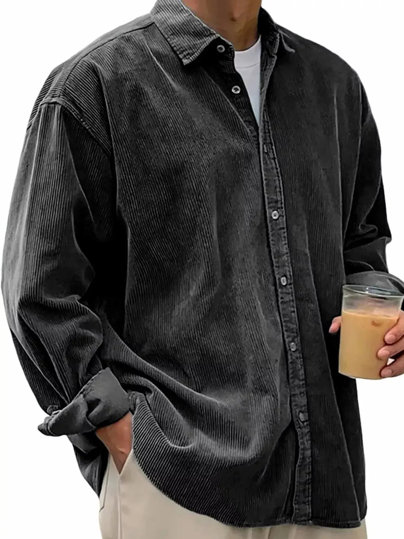 Men's Full Size Vintage Corduroy Long Sleeve Shirt Plus Size Simply Love