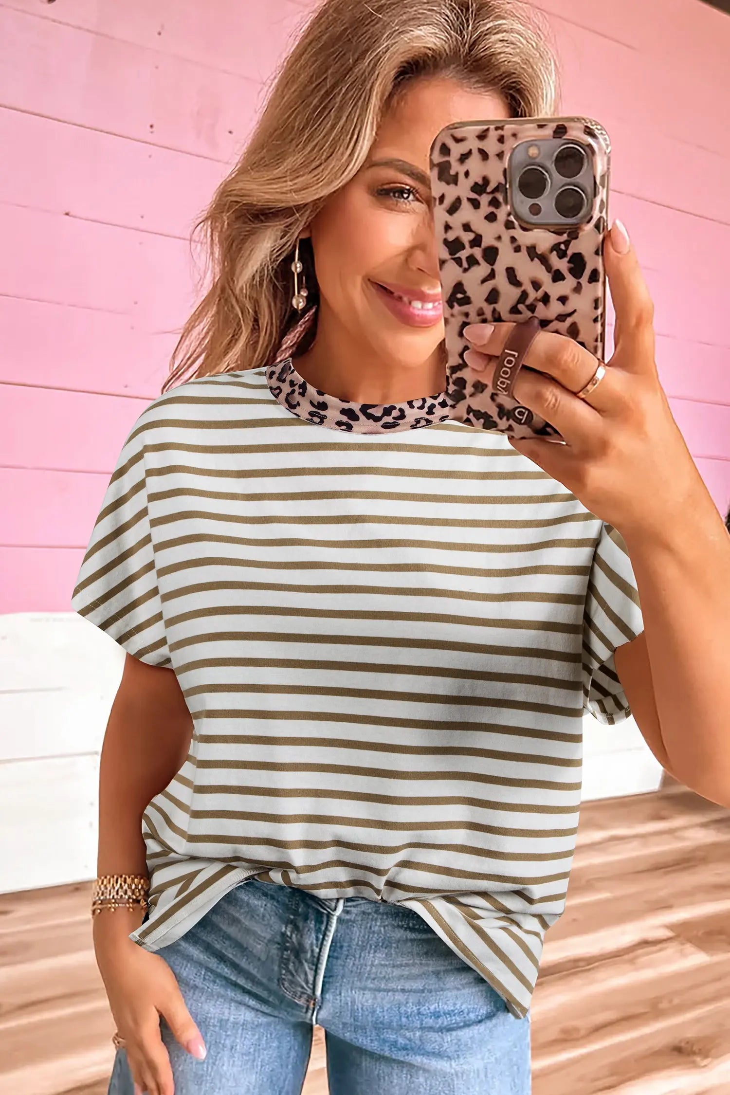 Khaki Stripe Leopard Patchwork Round Neck Loose Fit T Shirt Dear-Lover Dropshipping