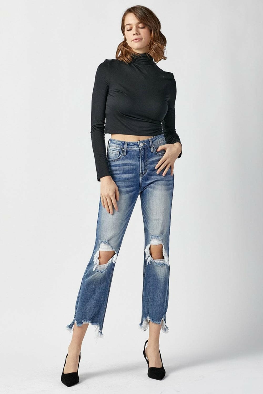 RISEN High Waist Distressed Frayed Hem Cropped Straight Jeans.