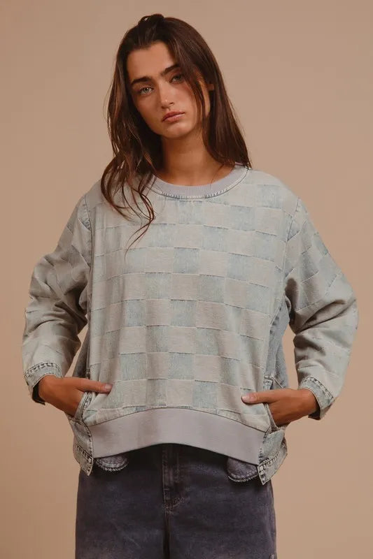BiBi Mineral Washed Checkered Round Neck Denim Top - Love Salve 