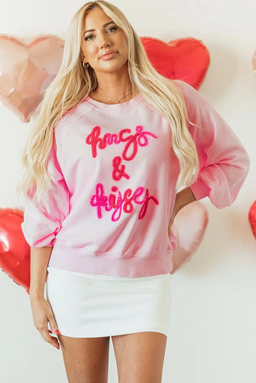 Pink Hugs and Kisses Pop Up Embroidered Raglan Sleeve Sweatshirt - Love Salve 