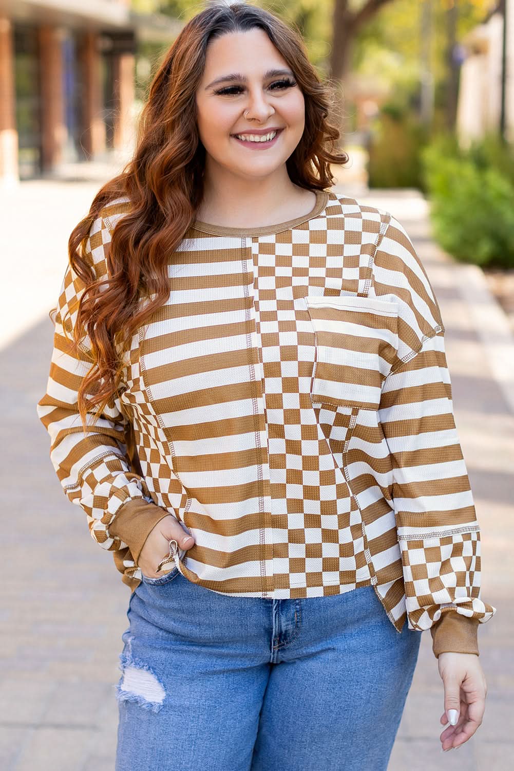 Chic plus size khaki mixed print top - Love Salve 