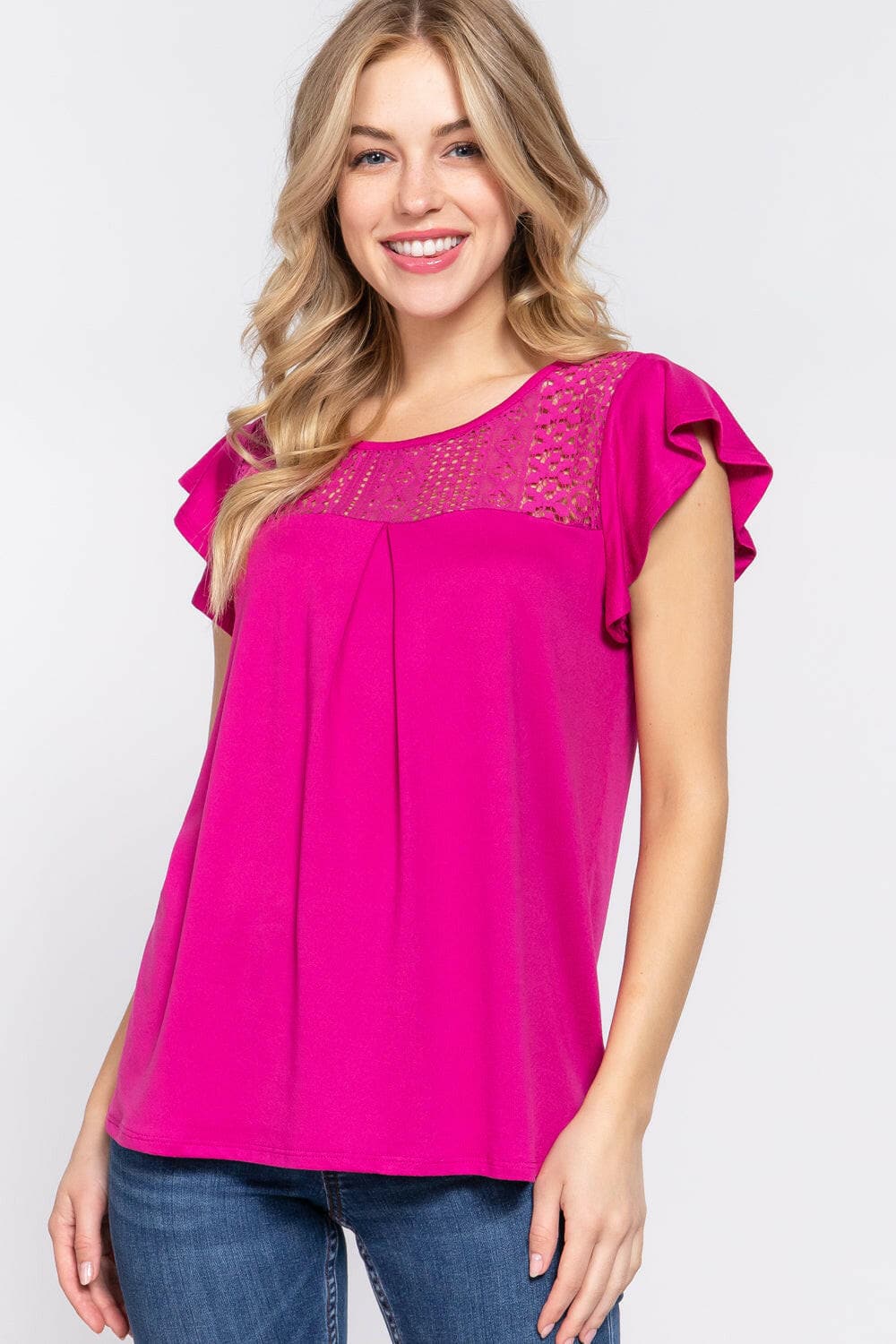 ACTIVE BASIC Ruffle Short Sleeve Lace Detail Knit Top.