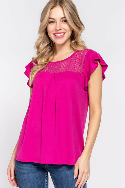 ACTIVE BASIC Ruffle Short Sleeve Lace Detail Knit Top.