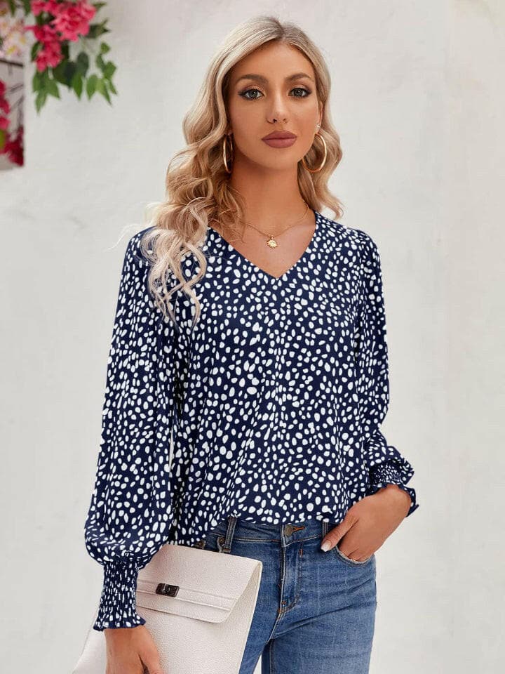 Printed V-Neck Lantern Sleeve Blouse.