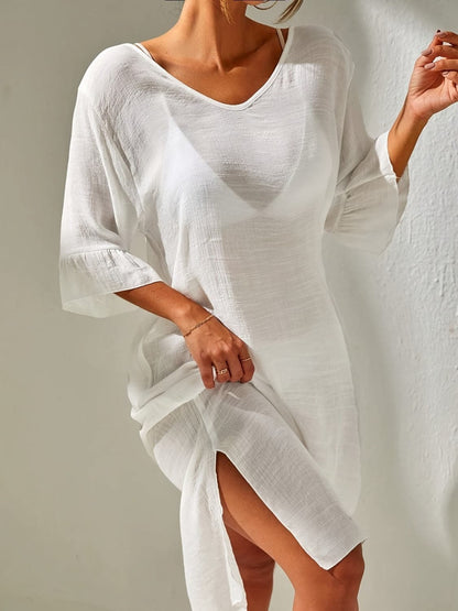 Slit V-Neck Flounce Sleeve Cover-Up.