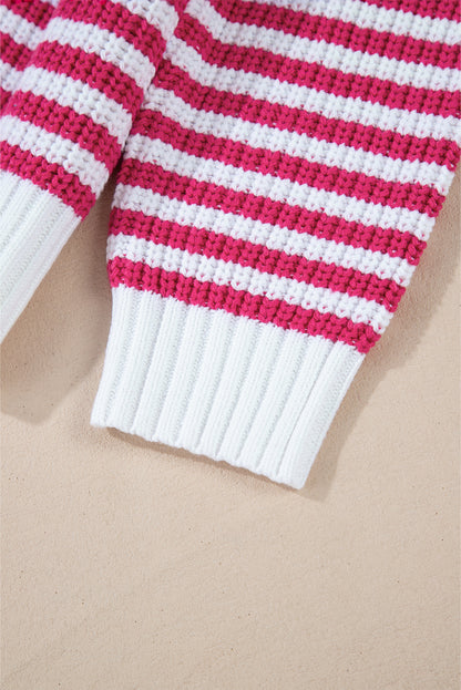 Trendy Pink Striped Zip-Up High Neck Sweater with Drop Shoulders