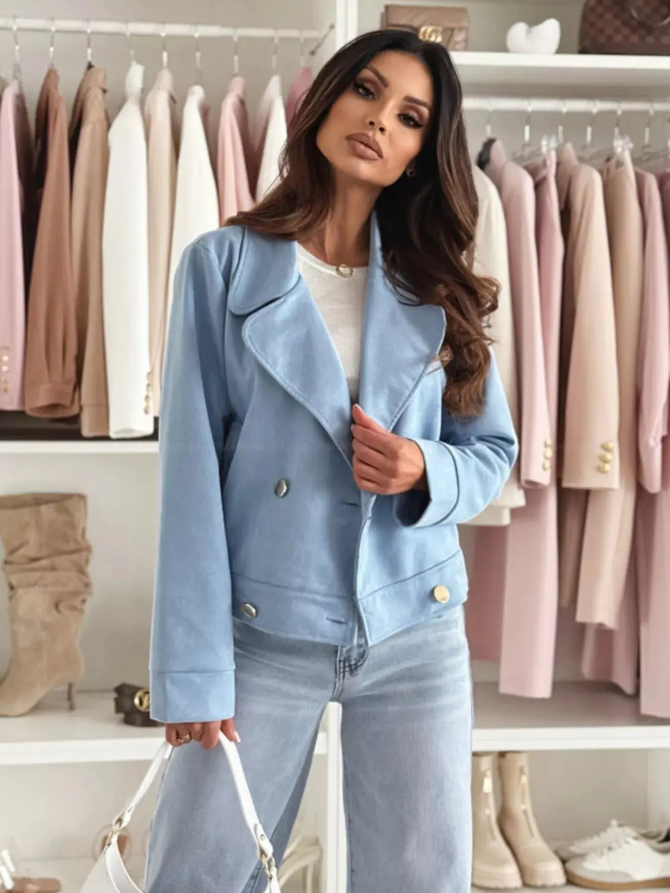 Beige Polyester Double Breasted Lapel Collar Jacket With Pockets Simply Love