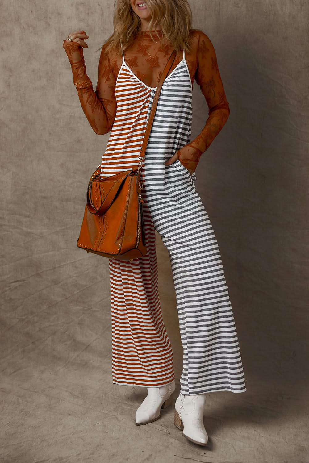 Yellow Striped Backless Spaghetti Strap Two-Tone Overall Dress