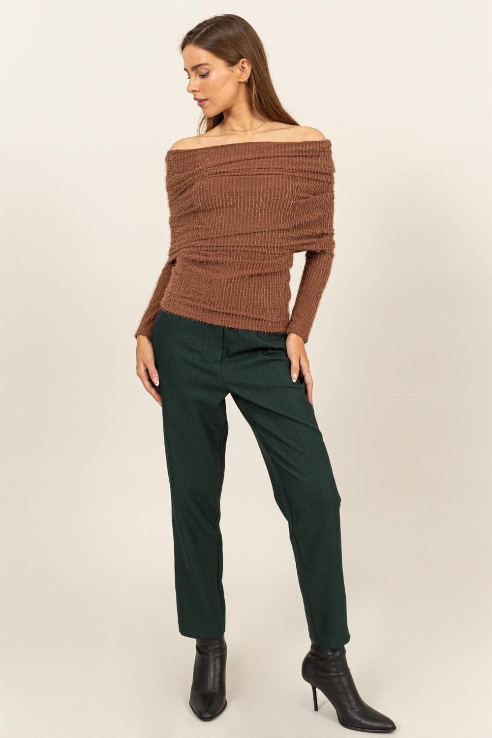 HYFVE Fuzzy Off Shoulder Textured Knit Top.