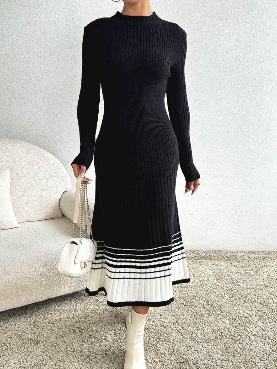 Chic Contrast Mock Neck Long Sleeve Sweater Dress