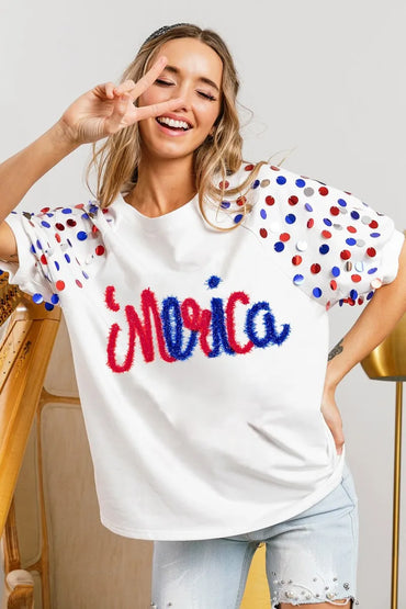 BiBi Metallic Letter Spangle Raglan Puff Sleeve Top - Love Salve 
